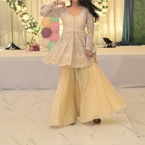 Ethereal Beige/light lemon Indian Outfit - hand embroidered Sharara outfit